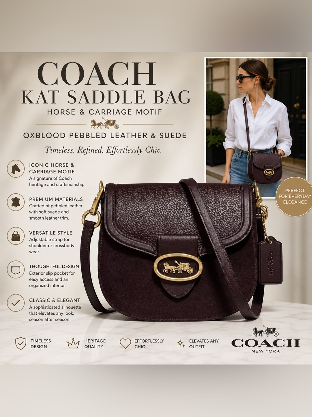 Coach Kat Saddle Bag horse and carriage motif logo suede pebbled leather oxblood